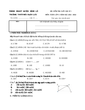 Bài kiểm tra cuối kì 1 môn Toán Khối 4 - Năm học 2021-2022